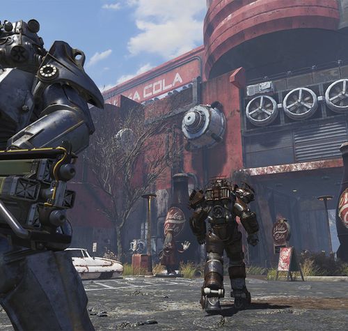 Dos personajes con servoarmaduras en el exterior de la fábrica de Nuka-Cola en Fallout 76.