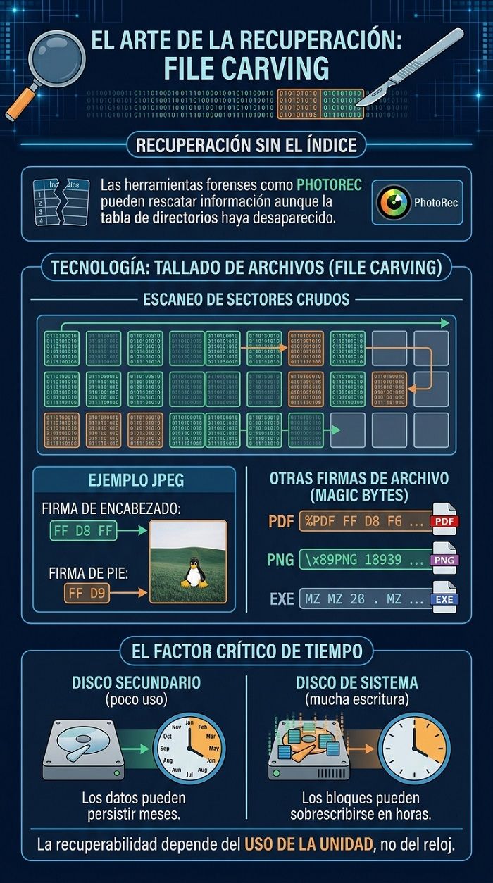 Infografía sobre la técnica de recuperación de datos File Carving mediante el escaneo de sectores y firmas de archivos.