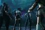 Cloud, Tifa, Barret y Yuffie de espaldas frente a una amenaza en un entorno oscuro y brumoso.