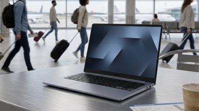 Ordenador portátil Galaxy Book6 abierto sobre una mesa metálica en la terminal de un aeropuerto con viajeros al fondo.