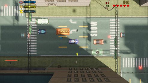 Vista cenital de GTA 2 con iluminación y sombras realistas aplicadas mediante RTX Remix.