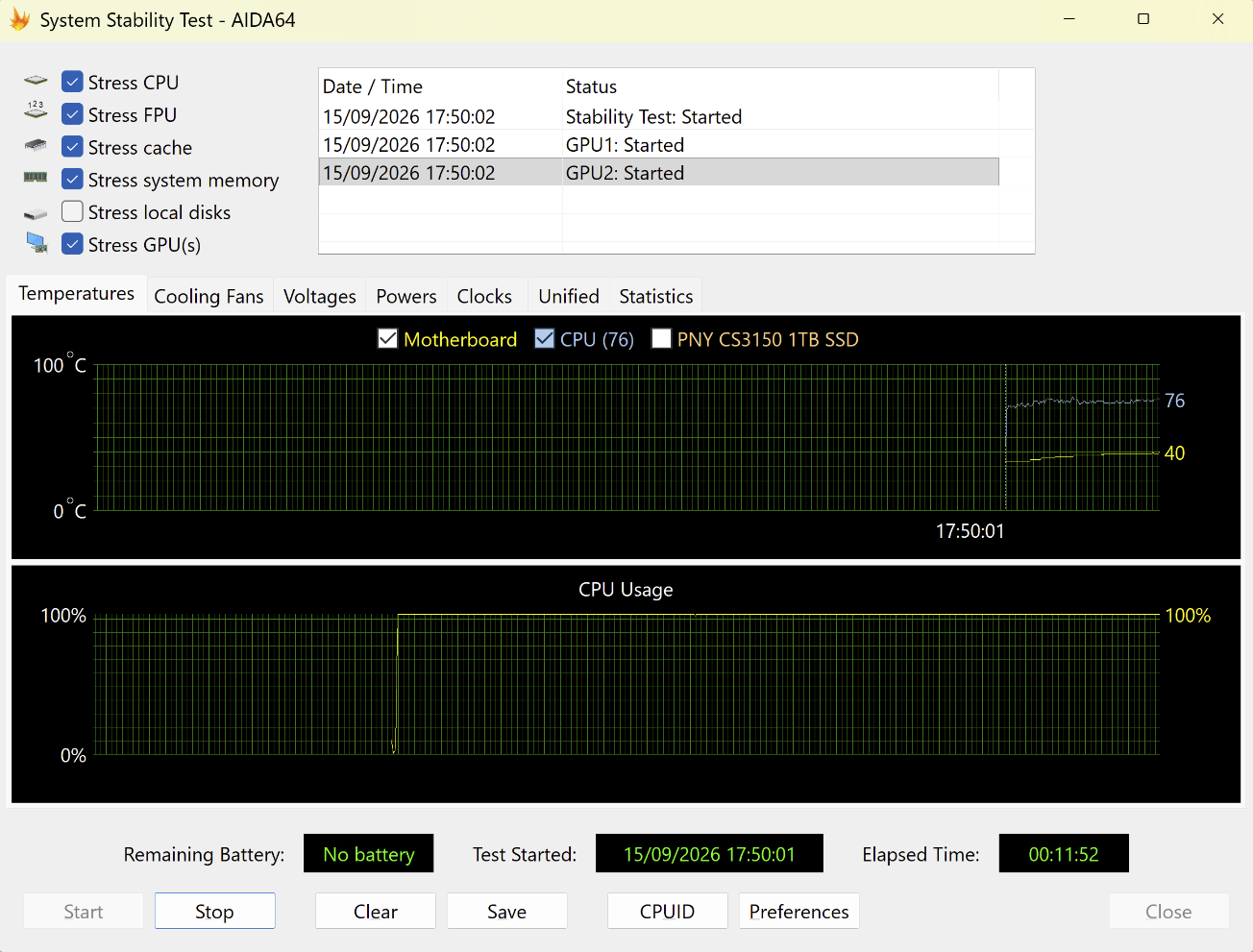 Interfaz de AIDA64 mostrando gráficas de temperatura y uso de CPU durante una prueba de estabilidad.