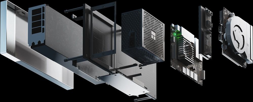 Vista explosionada del hardware interno de la eGPU Wici One sobre fondo negro.