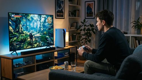 Usuario sentado en un sofá manejando un mando frente a un televisor que muestra un videojuego y una consola PS5 al lado.