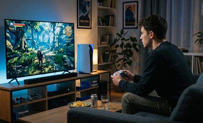 Usuario sentado en un sofá manejando un mando frente a un televisor que muestra un videojuego y una consola PS5 al lado.