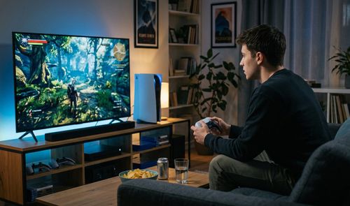 Usuario sentado en un sofá manejando un mando frente a un televisor que muestra un videojuego y una consola PS5 al lado.