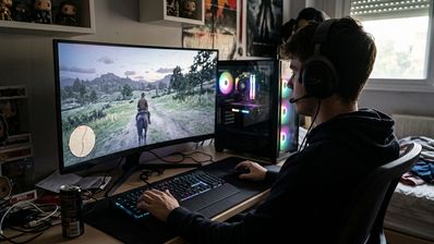 Usuario de espaldas con auriculares frente a un monitor panorámico ejecutando rdd2 en un ordenador de sobremesa con iluminación RGB.
