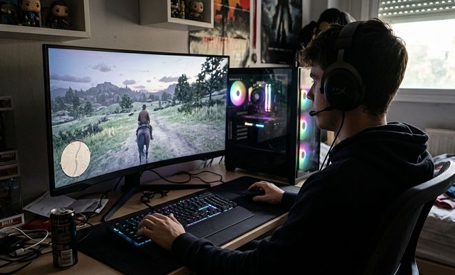 Usuario de espaldas con auriculares frente a un monitor panorámico ejecutando rdd2 en un ordenador de sobremesa con iluminación RGB.