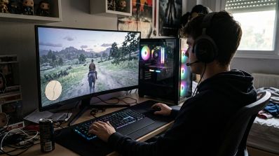 Usuario de espaldas con auriculares frente a un monitor panorámico ejecutando rdd2 en un ordenador de sobremesa con iluminación RGB.