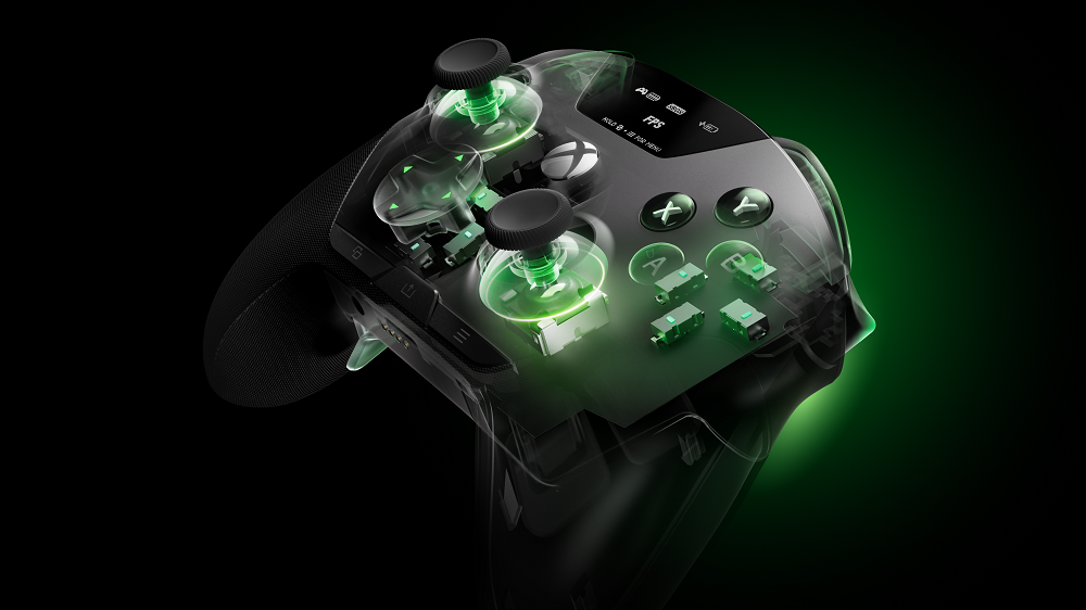 Vista en rayos X del mando SteelSeries Aeon Pro que muestra los mecanismos internos y joysticks con retroiluminación verde.