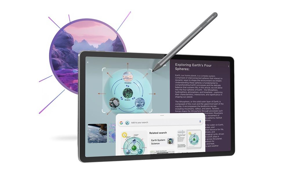 Tableta Lenovo IdeaTab con lápiz óptico interactuando con aplicaciones educativas y multitarea en pantalla.