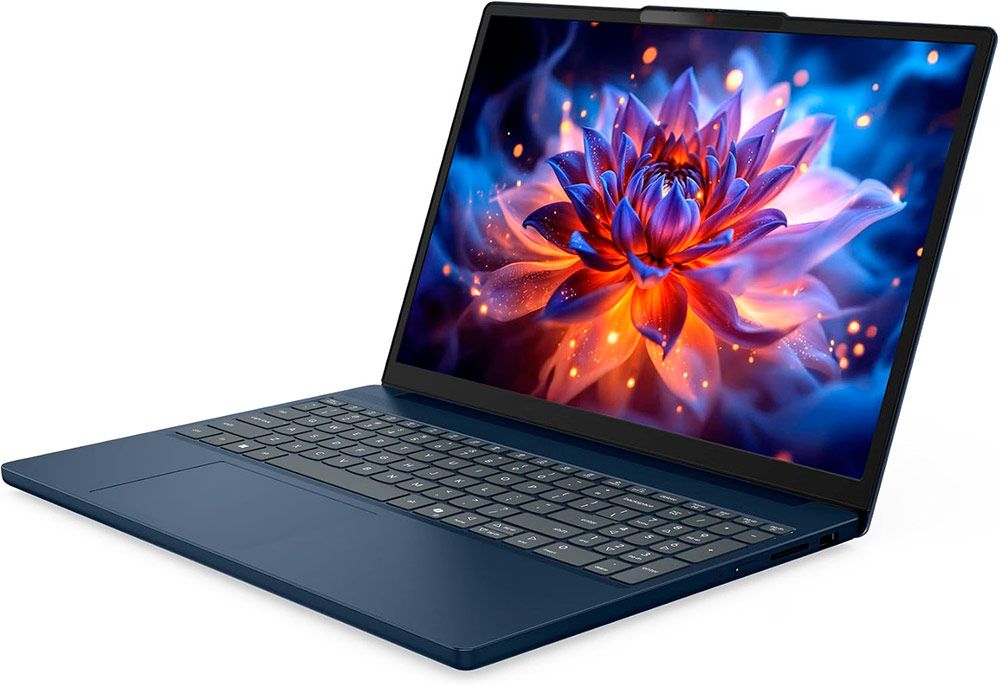 Portátil Lenovo IdeaPad Slim 3 abierto en ángulo lateral mostrando el teclado numérico y una ilustración floral colorida en pantalla.