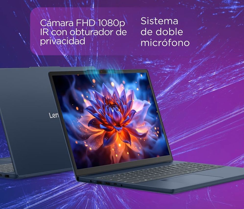 Ordenador portátil Lenovo IdeaPad Slim 3 abierto mostrando su pantalla y cámara superior con funciones de privacidad.