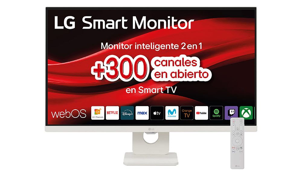 LG Smart Monitor con interfaz webOS y aplicaciones de streaming sobre fondo blanco.