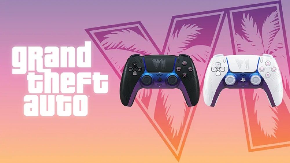 Propuesta visual de mandos DualSense personalizados con los logotipos y colores característicos de la sexta entrega de Grand Theft Auto.