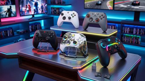 Colección de mandos para PC con diferentes diseños y acabados sobre una mesa de gaming con iluminación LED.