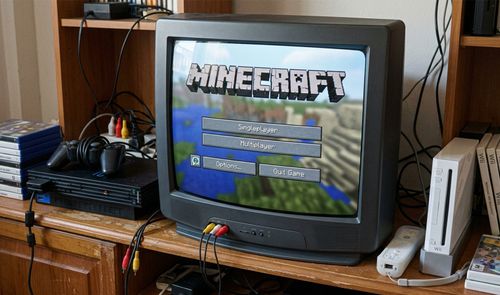 Menú principal de Minecraft ejecutándose en un televisor de tubo antiguo rodeado de una PlayStation 2 y una Nintendo Wii.