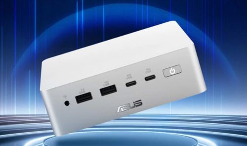 Panel frontal de un mini PC ASUS blanco con puertos USB, USB-C y botón de encendido sobre un fondo azul tecnológico.