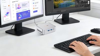Infografía del mini PC Blackview MP60 mostrando sus conexiones traseras y frontales junto a ejemplos de uso en oficina, hogar y estudio.
