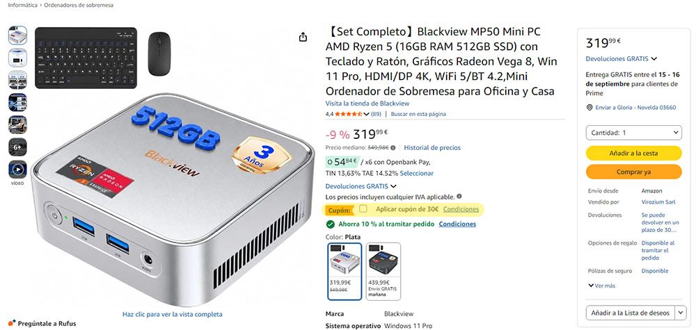 Captura de pantalla de la ficha de producto en Amazon del Mini PC Blackview MP60 con teclado y ratón inalámbricos.