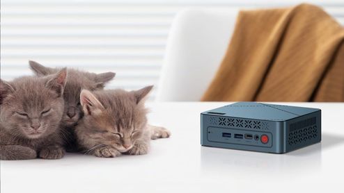 Tres gatitos grises durmiendo junto a un mini PC Bosgame E2 Air sobre una mesa blanca.