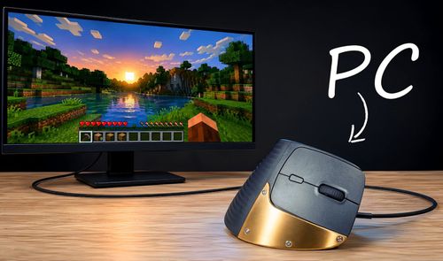 Ratón ergonómico con un mini PC en su interior conectado a un monitor que muestra un videojuego.