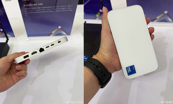 Comparativa de tamaño entre la mano de una persona y un mini PC extraplano de color blanco con procesador Intel.