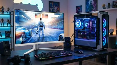 Monitor curvo Philips Evnia blanco en un escritorio gaming con PC de cristal templado e iluminación LED azul.
