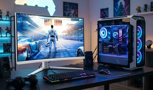 Monitor curvo Philips Evnia blanco en un escritorio gaming con PC de cristal templado e iluminación LED azul.