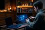 Persona jugando con un mando frente a un monitor gaming portátil conectado a un ordenador en una habitación con iluminación cálida.