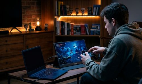 Persona jugando con un mando frente a un monitor gaming portátil conectado a un ordenador en una habitación con iluminación cálida.