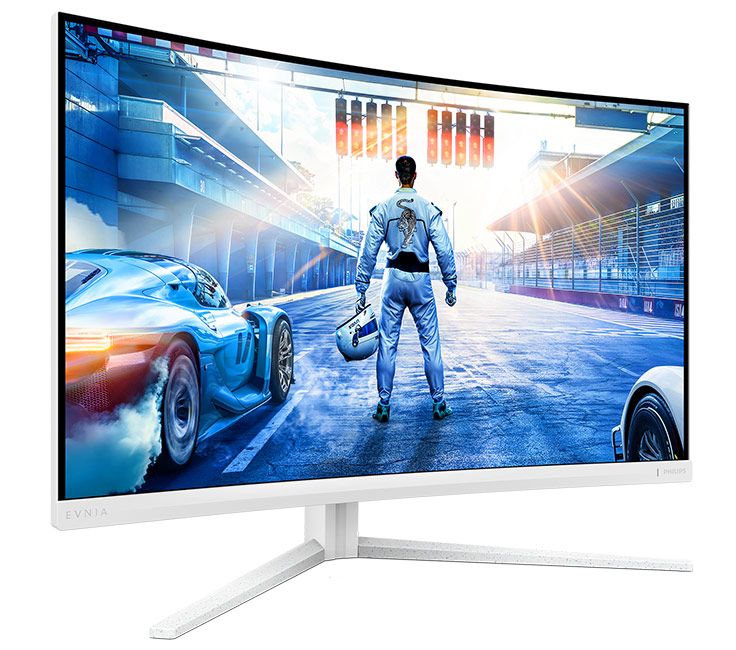 Monitor curvo Philips Evnia en color blanco mostrando un videojuego de carreras.