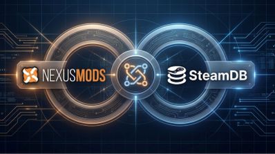 Logotipos de Nexus Mods y SteamDB entrelazados sobre un fondo tecnológico con circuitos y luces.