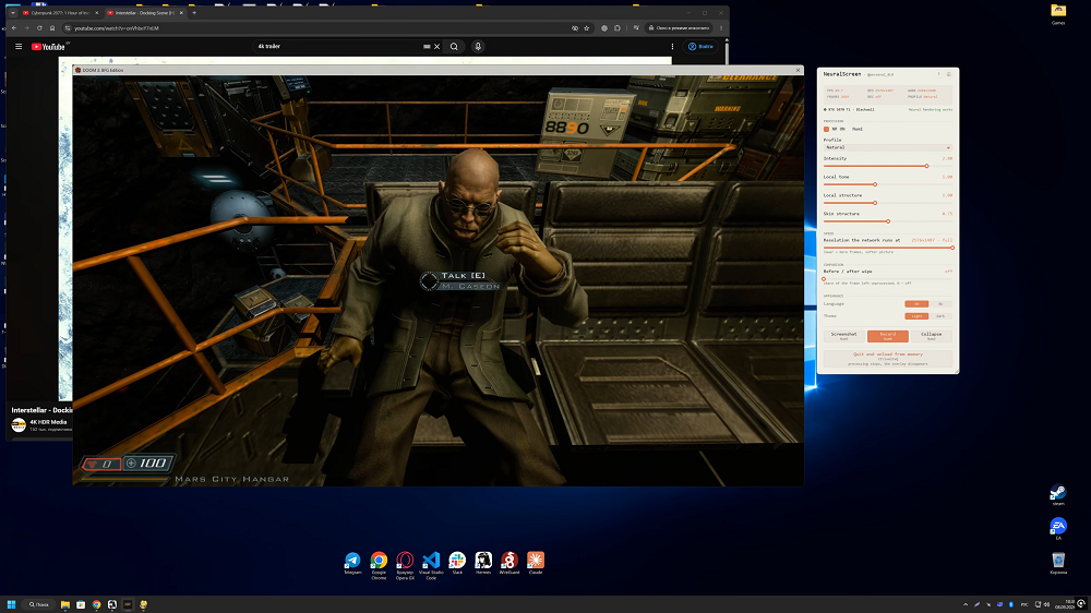 Interfaz de escritorio con una ventana de Doom 3 ejecutándose junto a un panel de configuración técnica.