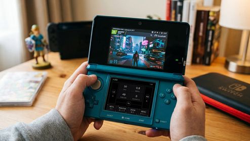 Consola portátil Nintendo 3DS ejecutando Cyberpunk 2077 a través de una interfaz de monitorización.