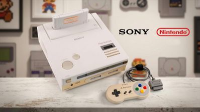 Prototipo de la consola Nintendo PlayStation con mando y cartucho insertado sobre una superficie de madera.