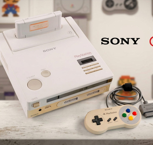 Prototipo de la consola Nintendo PlayStation con mando y cartucho insertado sobre una superficie de madera.