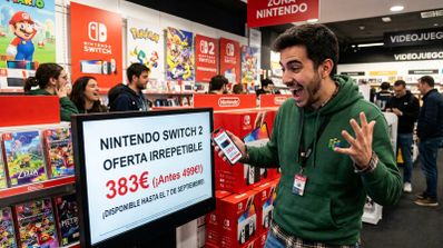 Hombre en una tienda de videojuegos frente a un cartel con una oferta de Nintendo Switch 2 por 383 euros.