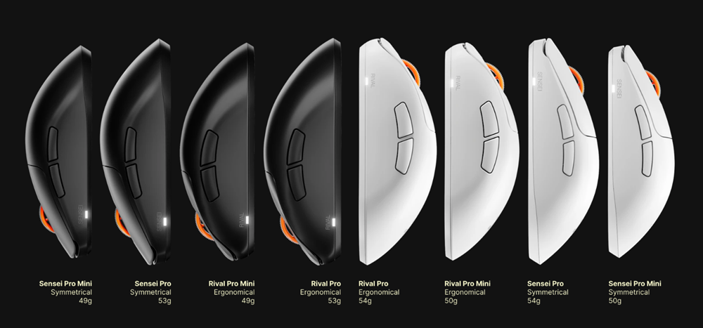 Comparativa de perfiles de ratones SteelSeries Sensei y Rival en colores blanco y negro.