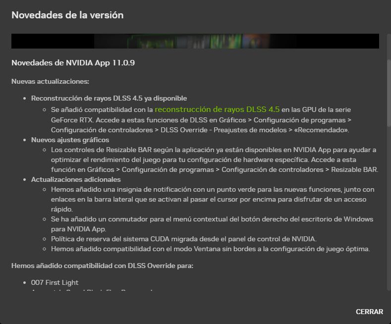 Interfaz de la aplicación de NVIDIA mostrando la lista de cambios y novedades de la versión 11.0.9.