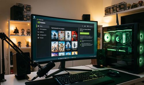 Interfaz de la aplicación NVIDIA abierta en un monitor curvo dentro de un equipo gaming con iluminación verde.