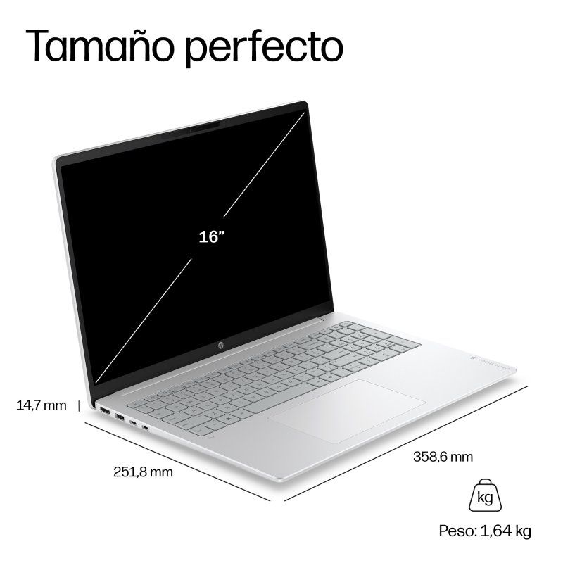 Infografía de las dimensiones y el peso del ordenador portátil HP OmniBook con pantalla de 16 pulgadas.