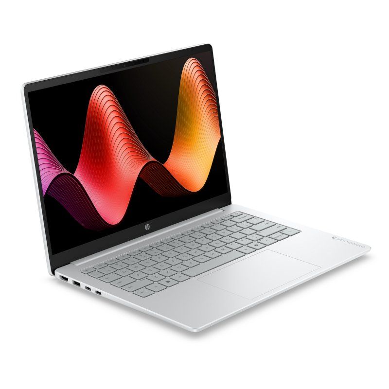 Ordenador portátil HP OmniBook en color plata visto en perspectiva lateral con la pantalla encendida mostrando un fondo abstracto.