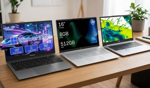 Tres ordenadores portátiles de diferentes marcas alineados sobre una mesa de madera en un interior iluminado.