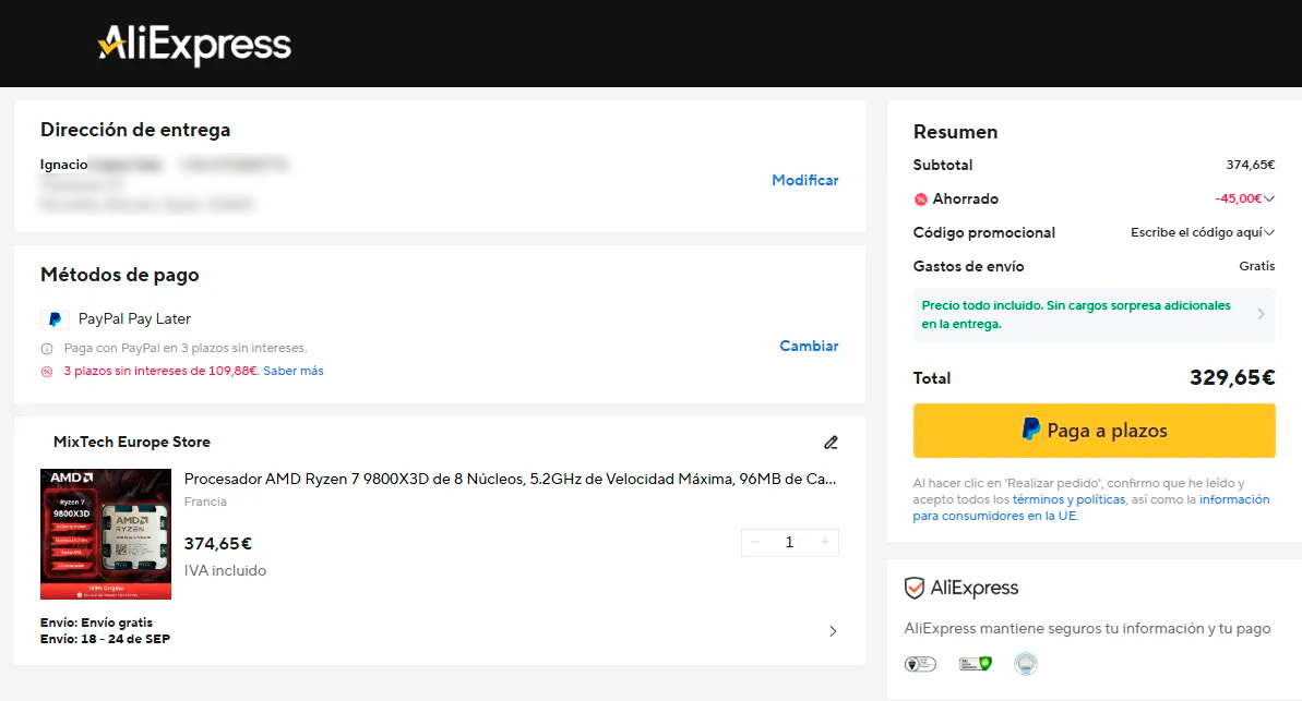 Captura de pantalla de la cesta de compra en AliExpress mostrando el precio final de un procesador AMD Ryzen 7 9800X3D.