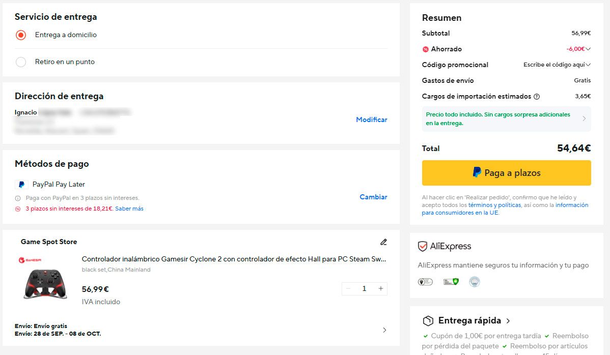Captura de pantalla de la cesta de compra en AliExpress mostrando el precio final del mando GameSir Cyclone 2.