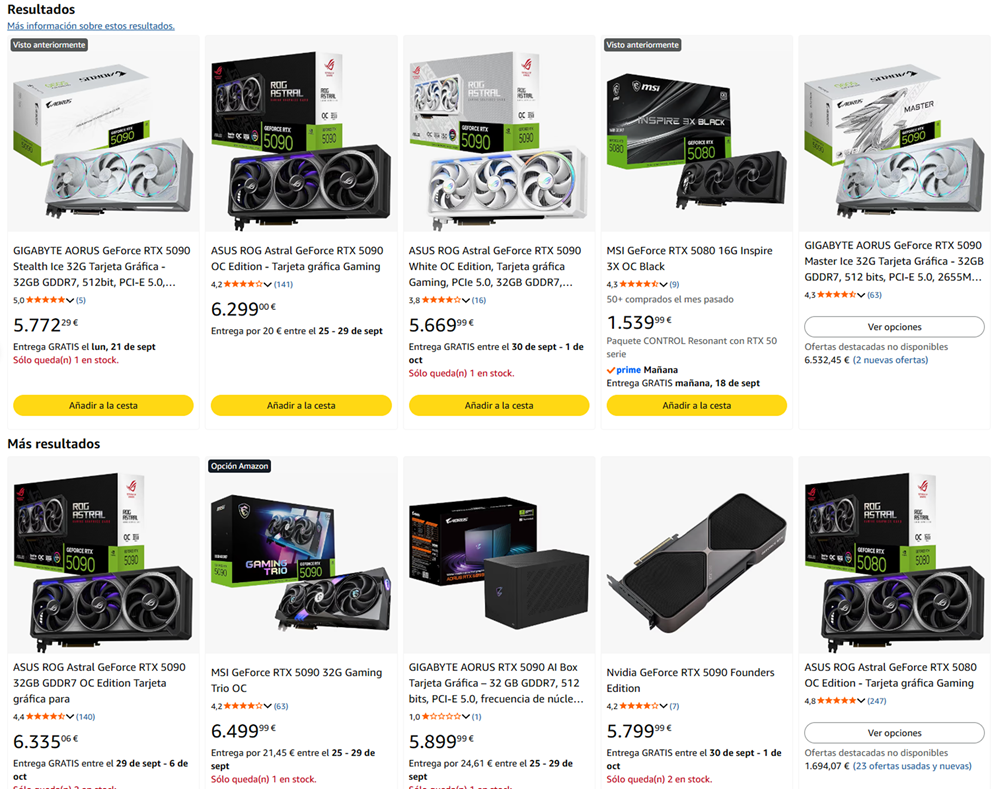 Listado de resultados de búsqueda en Amazon que muestra diferentes modelos y precios de la tarjeta gráfica NVIDIA RTX 5090 de marcas como ASUS, Gigabyte y MSI.