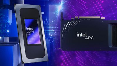 Procesador Intel Core junto a una tarjeta gráfica Intel Arc sobre un fondo digital morado y azul.