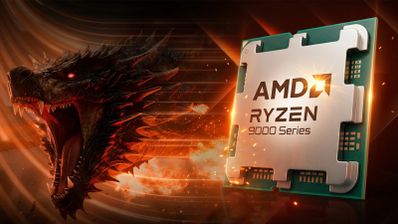 Procesador AMD Ryzen 9000 Series junto a la cabeza de un dragón sobre un fondo de tonos naranjas y negros.