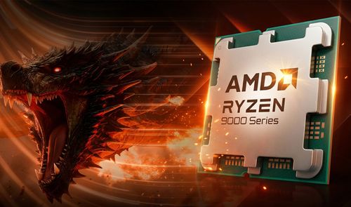 Procesador AMD Ryzen 9000 Series junto a la cabeza de un dragón sobre un fondo de tonos naranjas y negros.